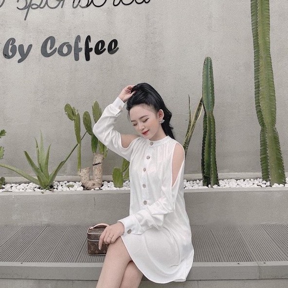 Đầm sơ mi suông lụa trắng hở vai tiểu thư dáng rộng thụng siêu xinh, Váy dự tiệc dáng xuông khoét vai hàng đẹp | BigBuy360 - bigbuy360.vn
