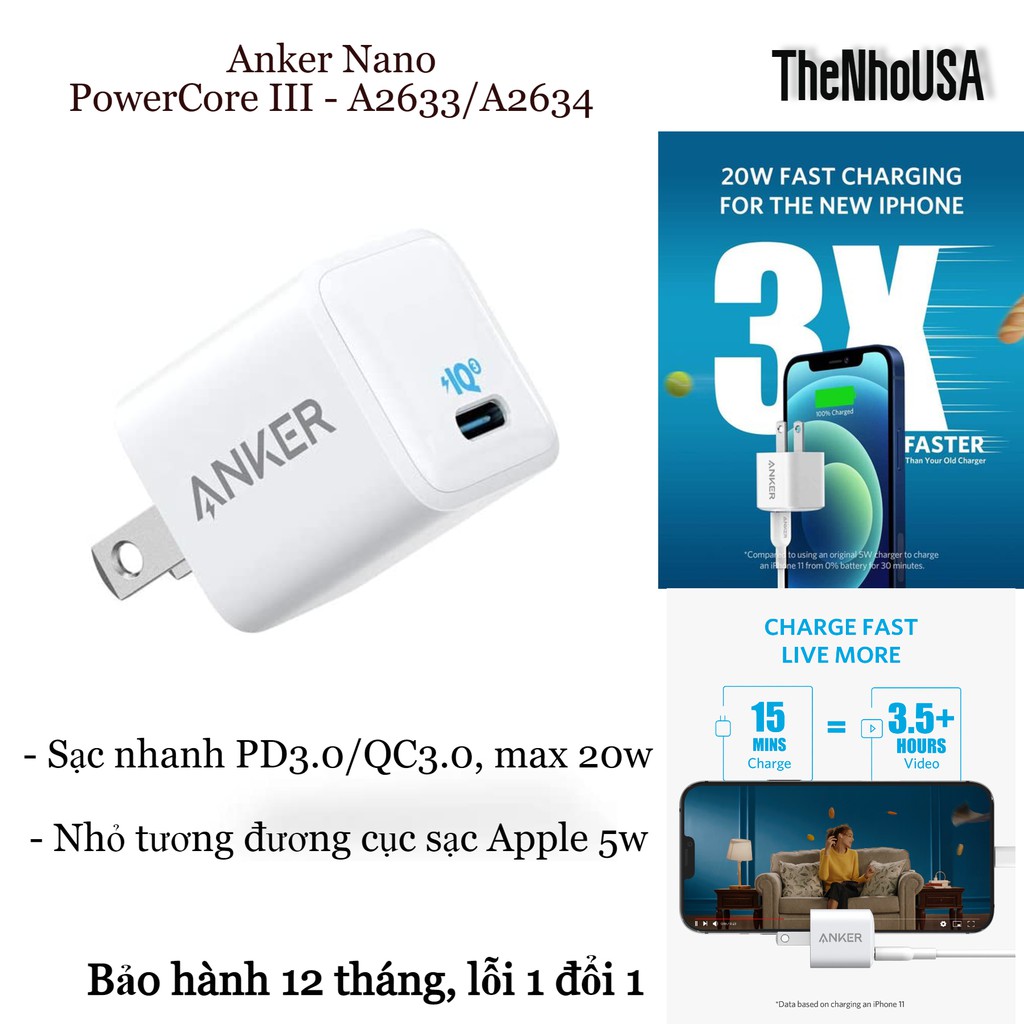 [Mã 2404EL10K giảm 10K đơn 20K] Sạc Anker PowerPort Nano Powercore III 20w - A2633/A2634 [BH 12T]