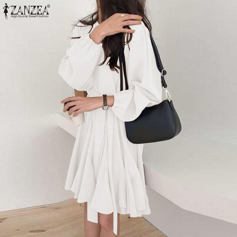 Đầm ngắn ZANZEA tay dài phồng cổ tròn ống tay co giãn xếp ly dành cho nữ