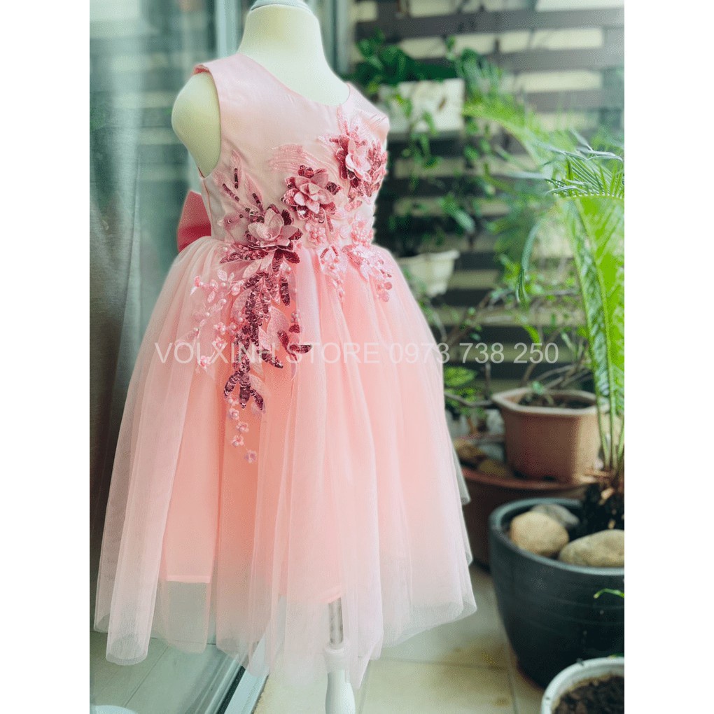[TẶNG QUÀ 79k] -Váy công chúa, đầm công chúa thiết kế cao cấp Voan Hàn đính hoa màu hồng, tặng kèm kẹp tóc và nơ