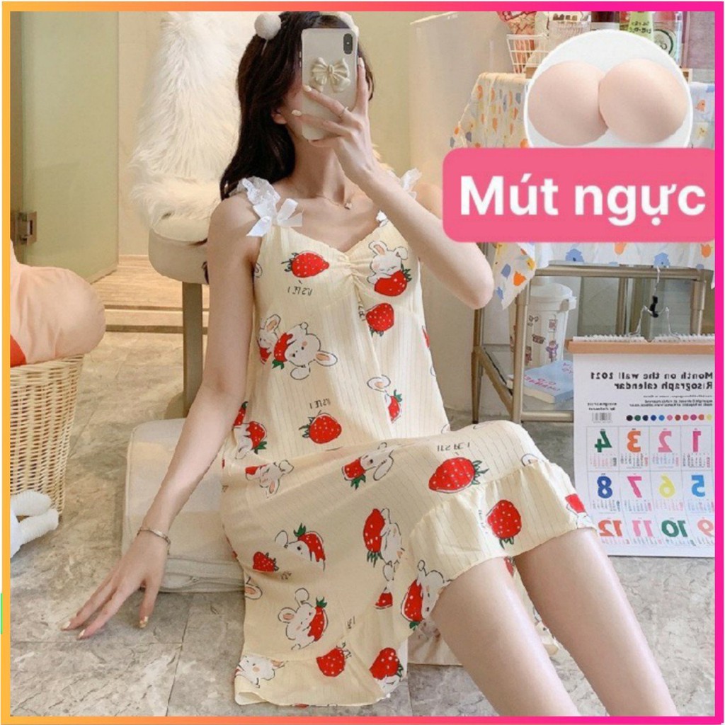 Đầm ngủ  có đệm mút ngực 2 dây thiết kế viền ren - Váy ngủ chất thun sữa siêu mềm mịn  V292