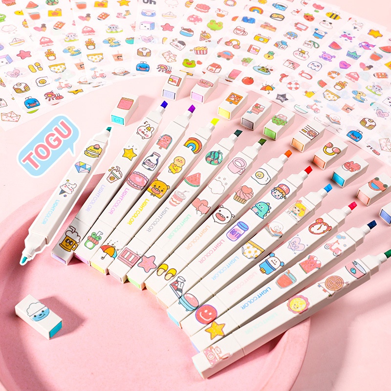 Bộ bút viết bullet journal 3 vintage màu dạ quang pastel TOGU - Bút đánh dấu bút nhớt highlight maker sổ tay cute