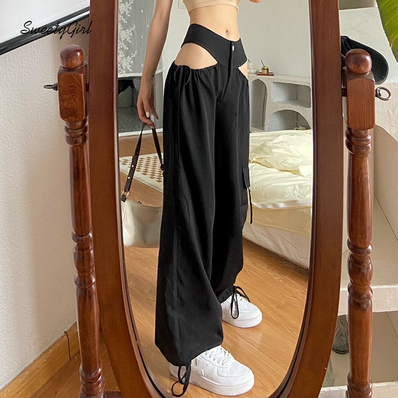 Quần Dài Eo Thấp Màu Đen Trơn Cài Khuy Đơn Giản Thời Trang Đường Phố 2022 Cho Nữ
