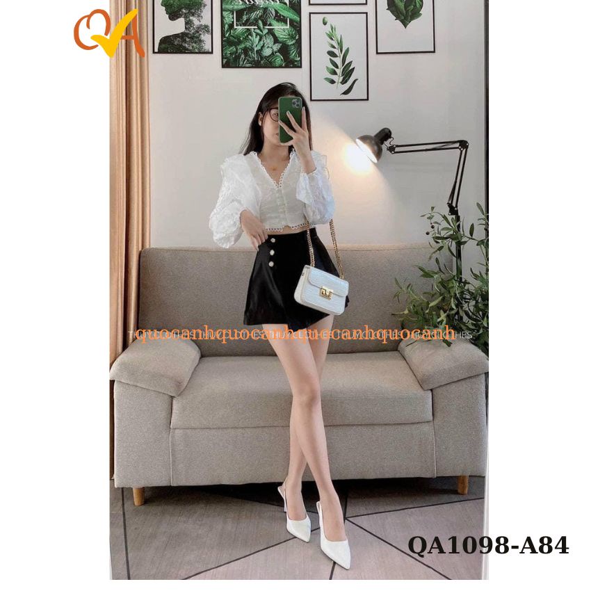 Set Váy áo ren tay phồng phối chân váy đính nút cá tính thời trang công sở, dạo phố, dự tiệc Quocanh