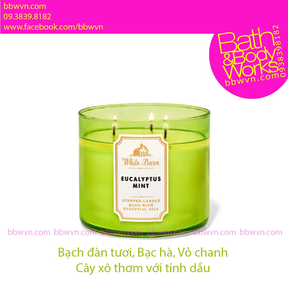 Nến thơm Bath and Body Works Eucalyptus Mint 3 bấc