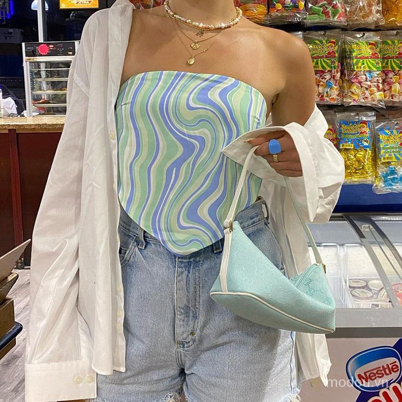 Áo không tay họa tiết sọc thiết kế kiểu cột dây thời trang