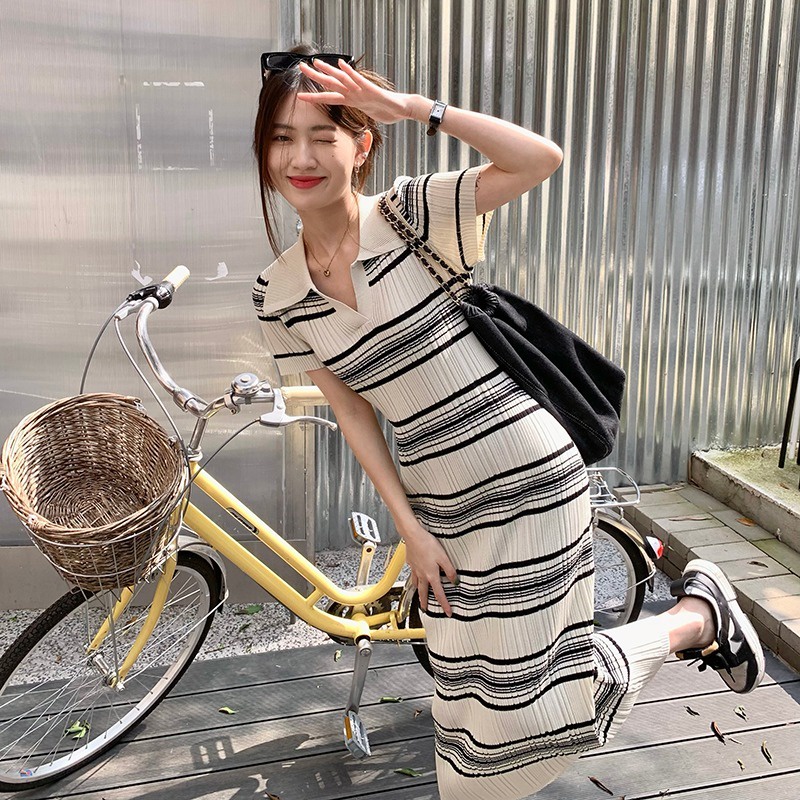 NUZIRO  Đầm  dệt kim tay ngắn ôm dáng vừa vặn họa tiết kẻ sọc phong cách Hàn Quốc thời trang dành cho nữ