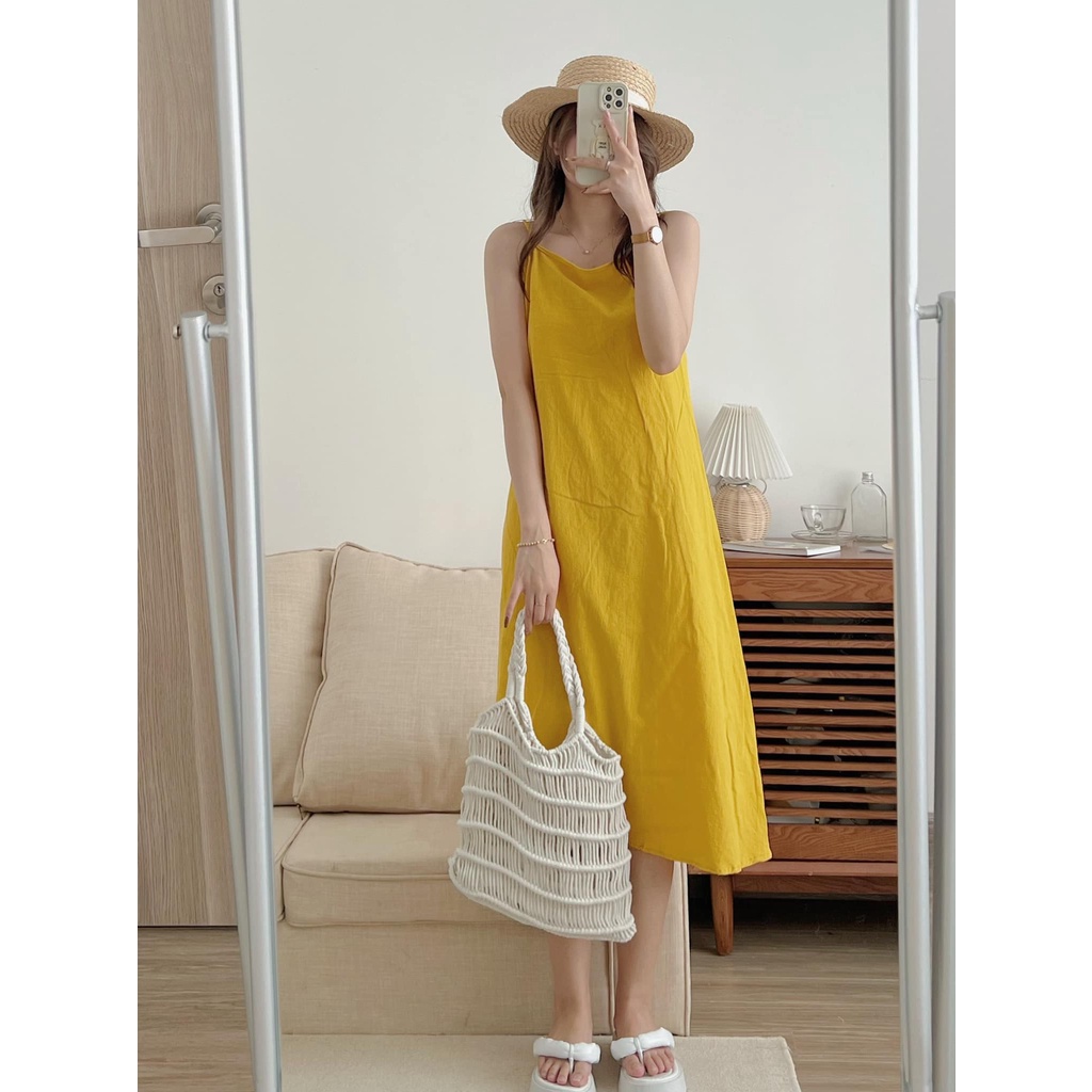[Sẵn/Ảnh thật] Váy 2 dây dáng suông đi biển rút dây - Đầm 2 dây maxi dáng dài thắt nơ sau