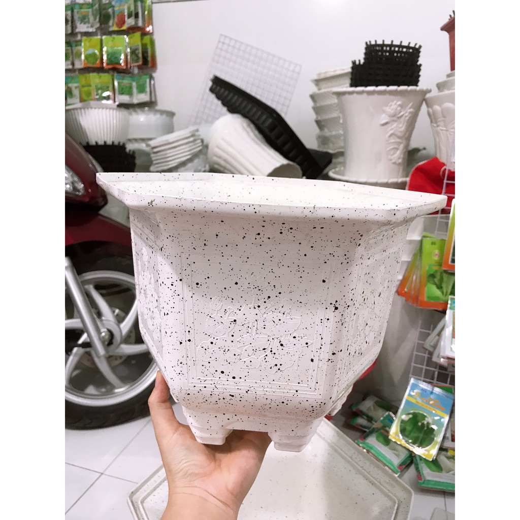 Chậu nhựa lục giác giả đá - Hoa văn in nổi