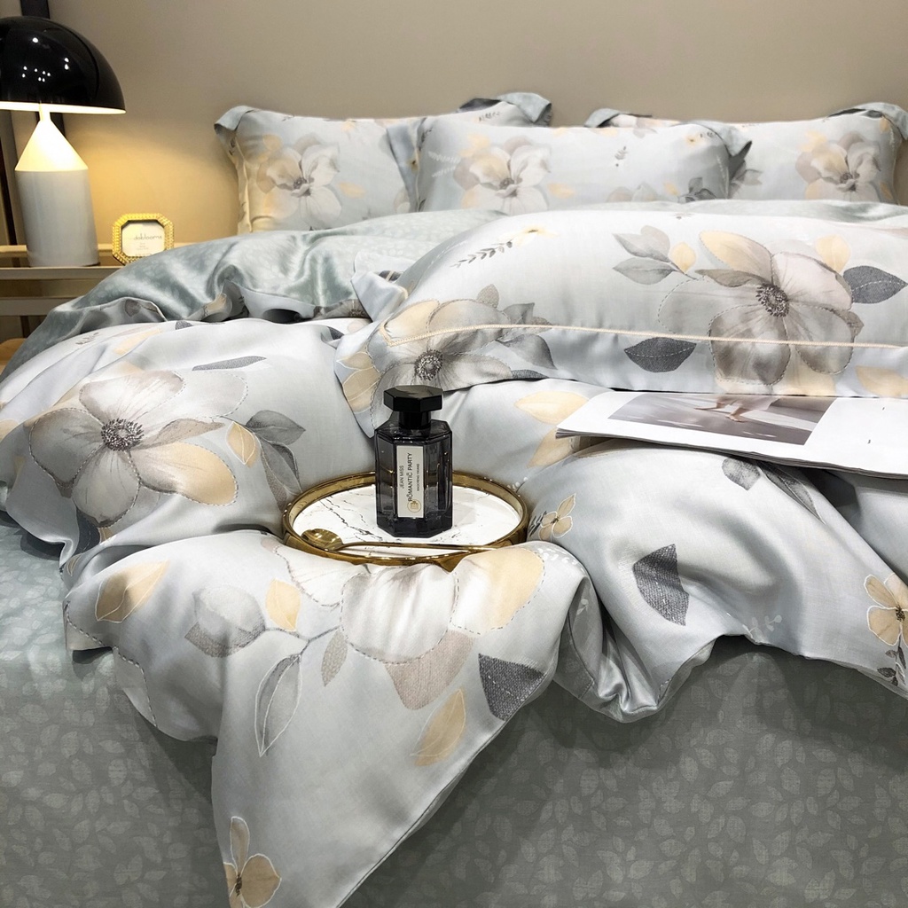 Bộ chăn ga gối 100%Tencel 60s, Set 5 món họa tiết hoa nhài in kỹ thuật số sang trọng, chất liệu siêu mềm mát mịn