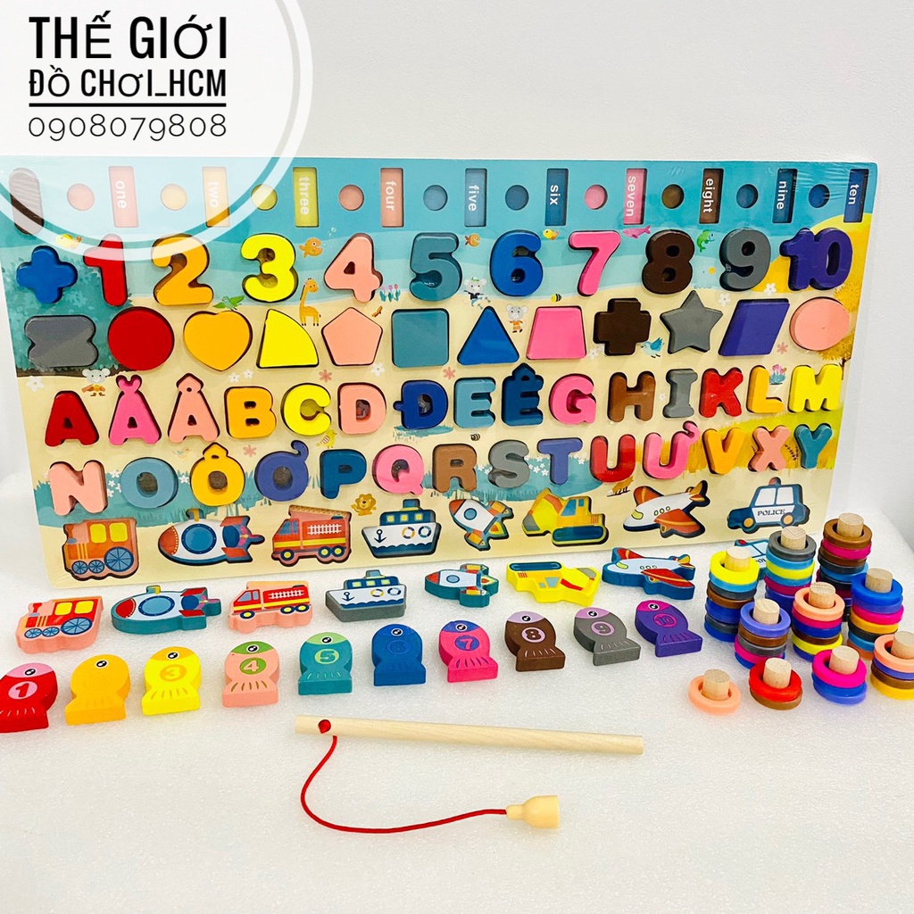 [BỔ ÍCH-MONTESSORI] Bộ đồ chơi gỗ đa năng câu cá học chữ số, nhận biết người, các loại hoa quả, xe