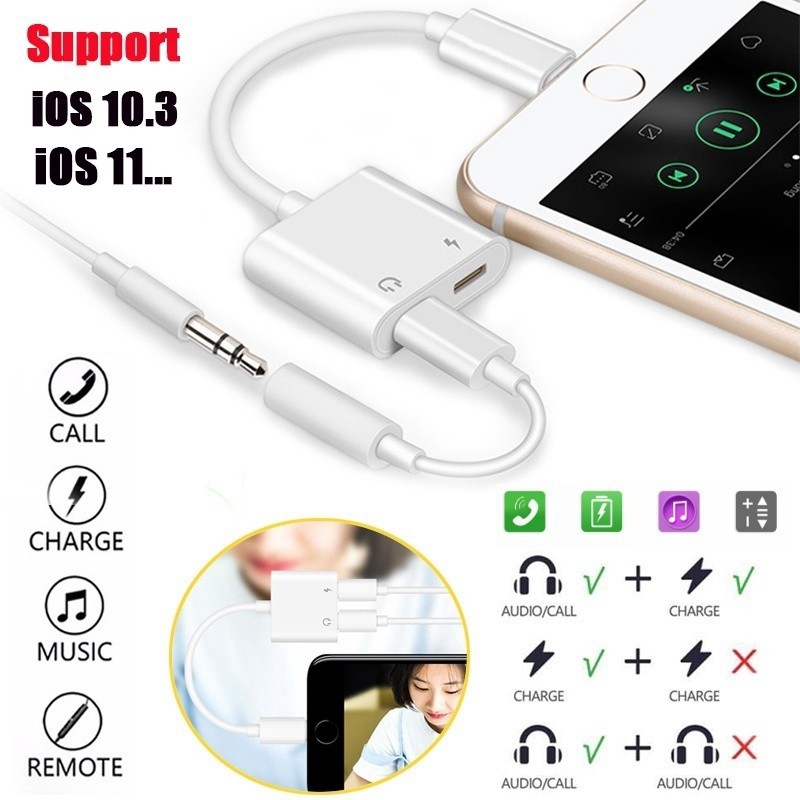 Double Jack Audio Adapter 2 in 1 Charging Music Call Earphone Lightning