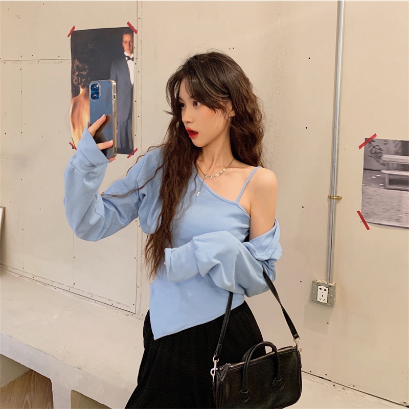 Set áo hai dây + áo khoác cardigan ngắn tay dài phong cách Hàn Quốc cho nữ chất lượng cao