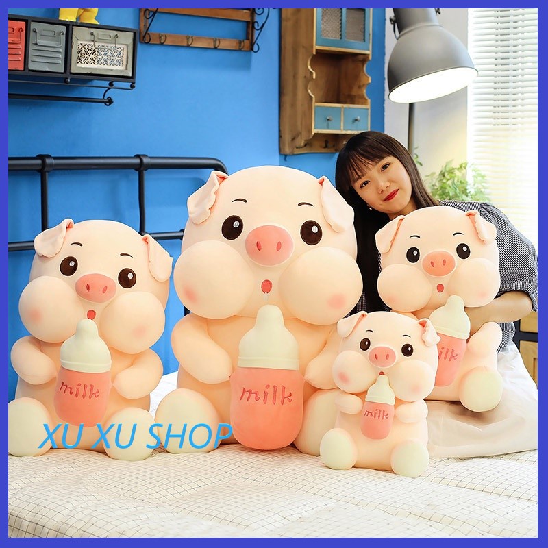 Quà tặng cho bé, tặng bạn gái gấu bông SIÊU TO heo ôm bình sữa dễ thương - Thú nhồi bông cao cấp vải nhung mềm(ảnh thật)