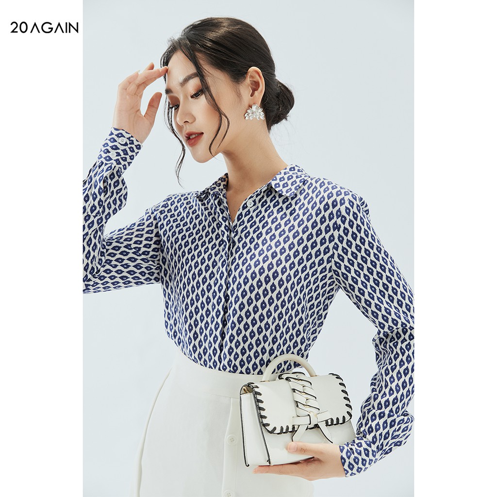 [Mã WABR20AG15 giảm 10% đơn 99K] Áo sơ mi nữ dài tay cổ đức 20AGAIN họa tiết độc đáo, cúc giấu tinh tế ASA0862