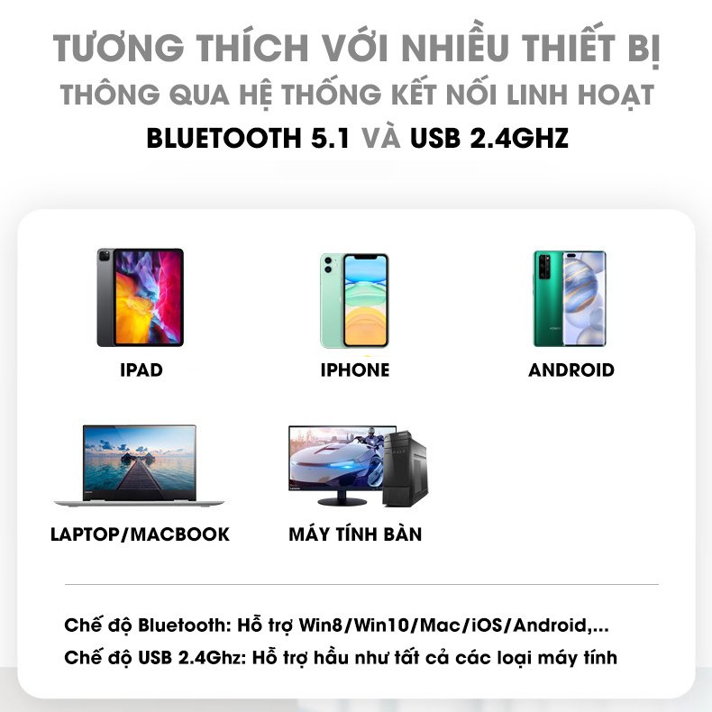 Chuột máy tính không dây Bluetooth 2.4Ghz tự sạc pin cao cấp 2 trong 1 chống ồn dùng cho máy tính laptop macbook