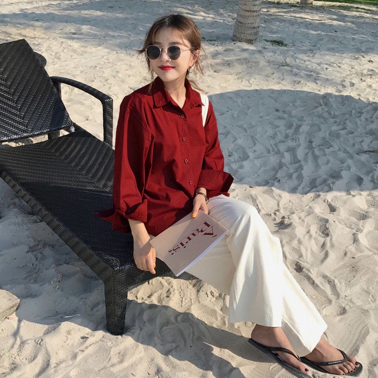 Áo Sơ Mi Tay Dài Dáng Rộng Plus Size Màu Trơn Phong Cách Hàn Quốc Thời Trang Cho Nữ