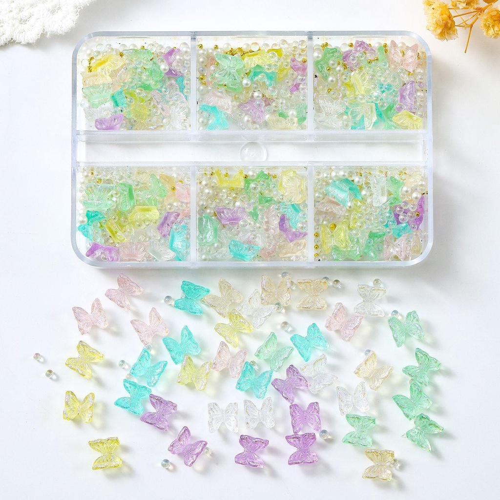 [Hàng mới về] Hộp 6 ngăn phụ kiện hạt charm bướm hỗn hợp 3D từ nhựa resin lấp lánh thời trang nhiều màu sắc DIY