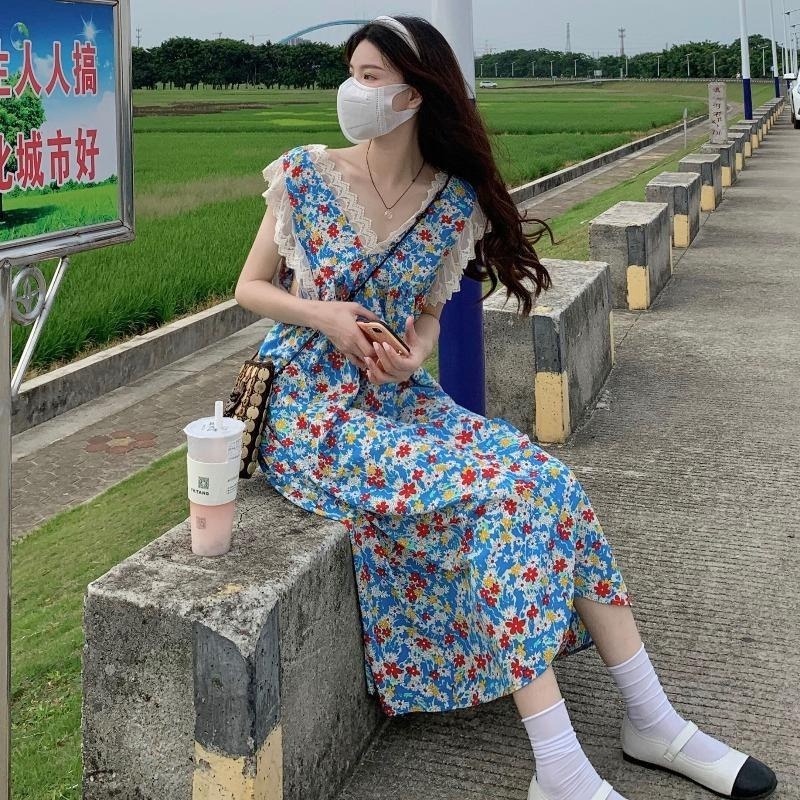 Đầm voan hoa không tay cổ chữ V thời trang nữ tính