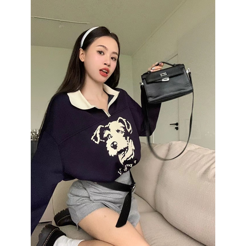 Áo sweater Tay Dài Dáng Rộng Cổ POLO In Họa Tiết Màu Tương Phản Thời Trang Mùa Hè Hàn Quốc 2022 Mới