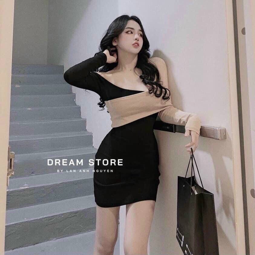 Đầm nữ thiết kế ôm body sexy, đầm thun trễ vai phối màu tay dài 2 màu đen nâu chanh sả, đi chơi đi tiệc sang chảnh