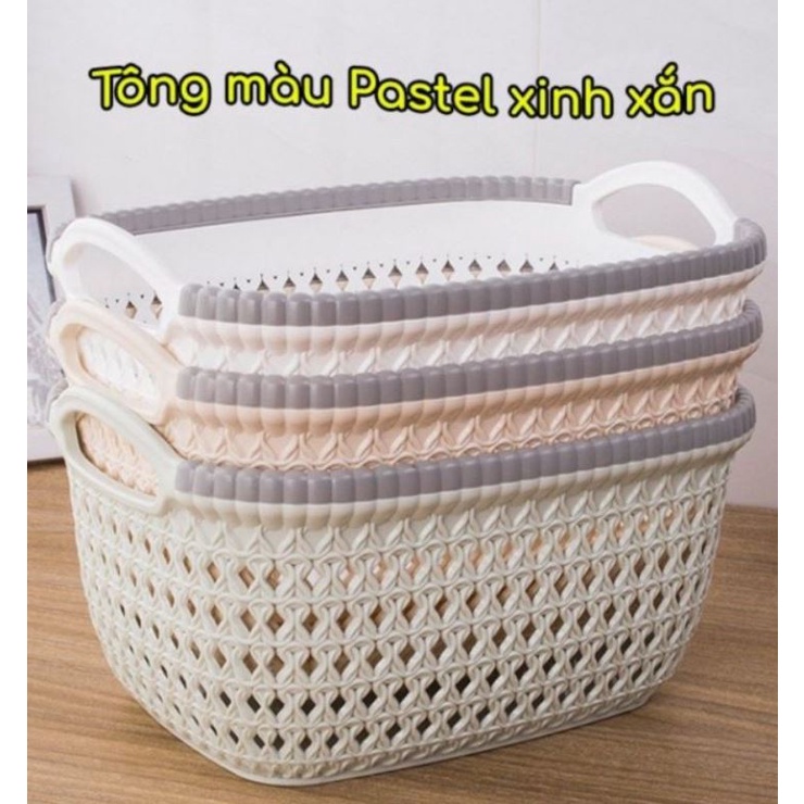 Giỏ Nhựa Hoa Ô Van - Rổ Nhựa Giả Đan Mây Có Quai Cầm 2 Size Màu Pastel Đẹp