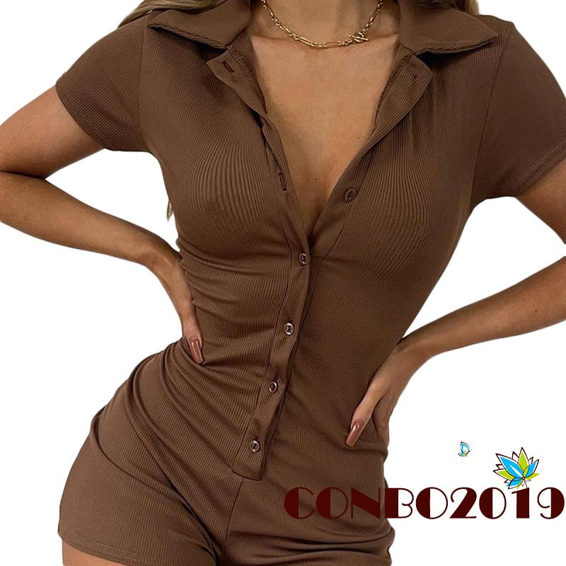 Bộ áo liền quần tay ngắn dáng ôm cài nút trước màu trơn thời trang hè thu quyến rũ dành cho nữ