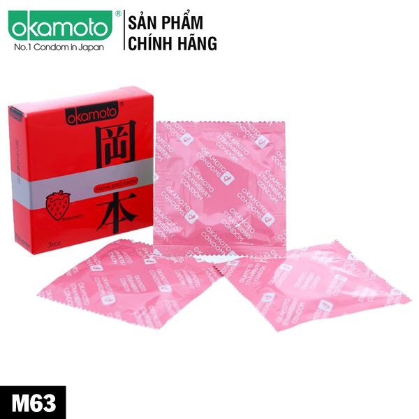 [CHÍNH HÃNG 100%] Bao Cao Su Okamoto Strawberry hương dâu (3bao/Hộp), Nhật Bản,Siêu mỏng kich thích với hương dâu