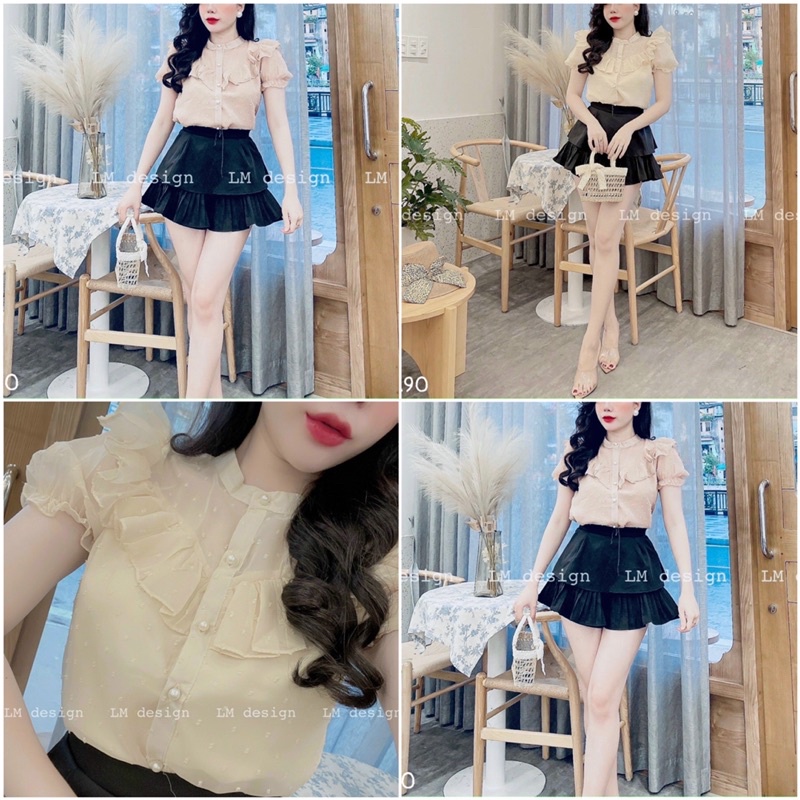 ❤️FREESHIP❤️Áo sơ mi cổ tàu chấm bi nổi hai lớp bánh bèo cực xinh
