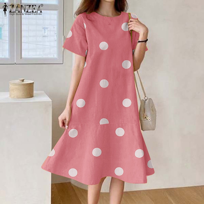 Đầm Zanzea kiểu chữ A tay ngắn viền bèo họa tiết chấm bi thời trang cho nữ