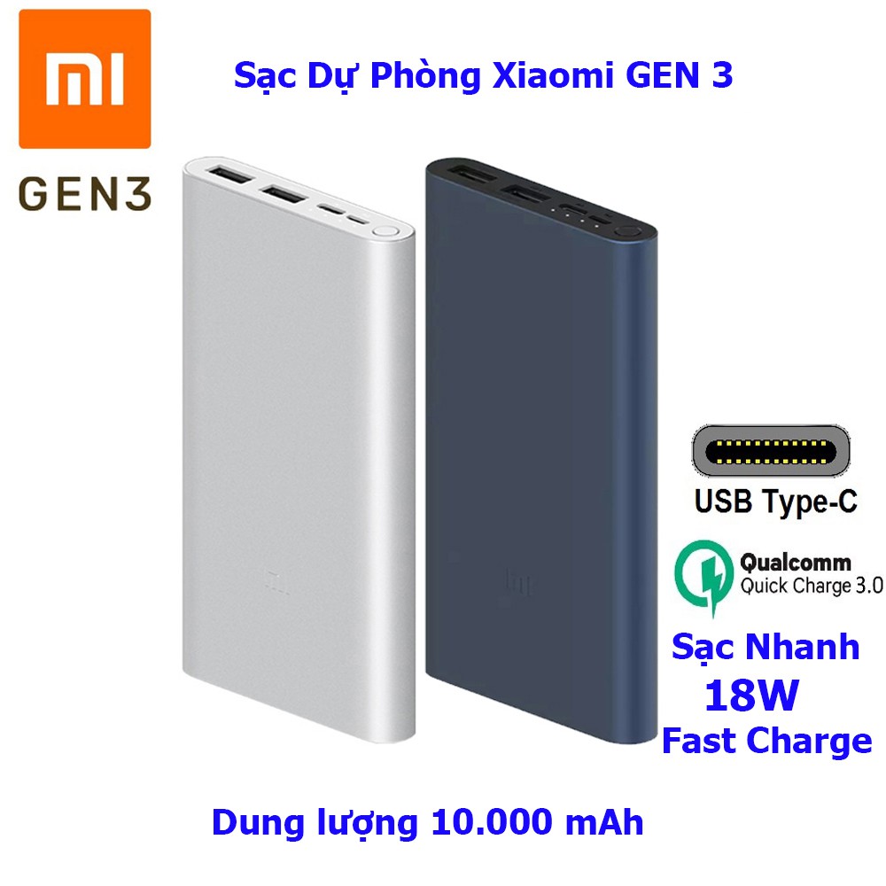 Sạc Dự Phòng Xiaomi Gen 3 10.00mAh - Pin sạc dự phòng Polymer 10.000mAh Xiaomi Mi 18W Fast Charge Power Bank 3
