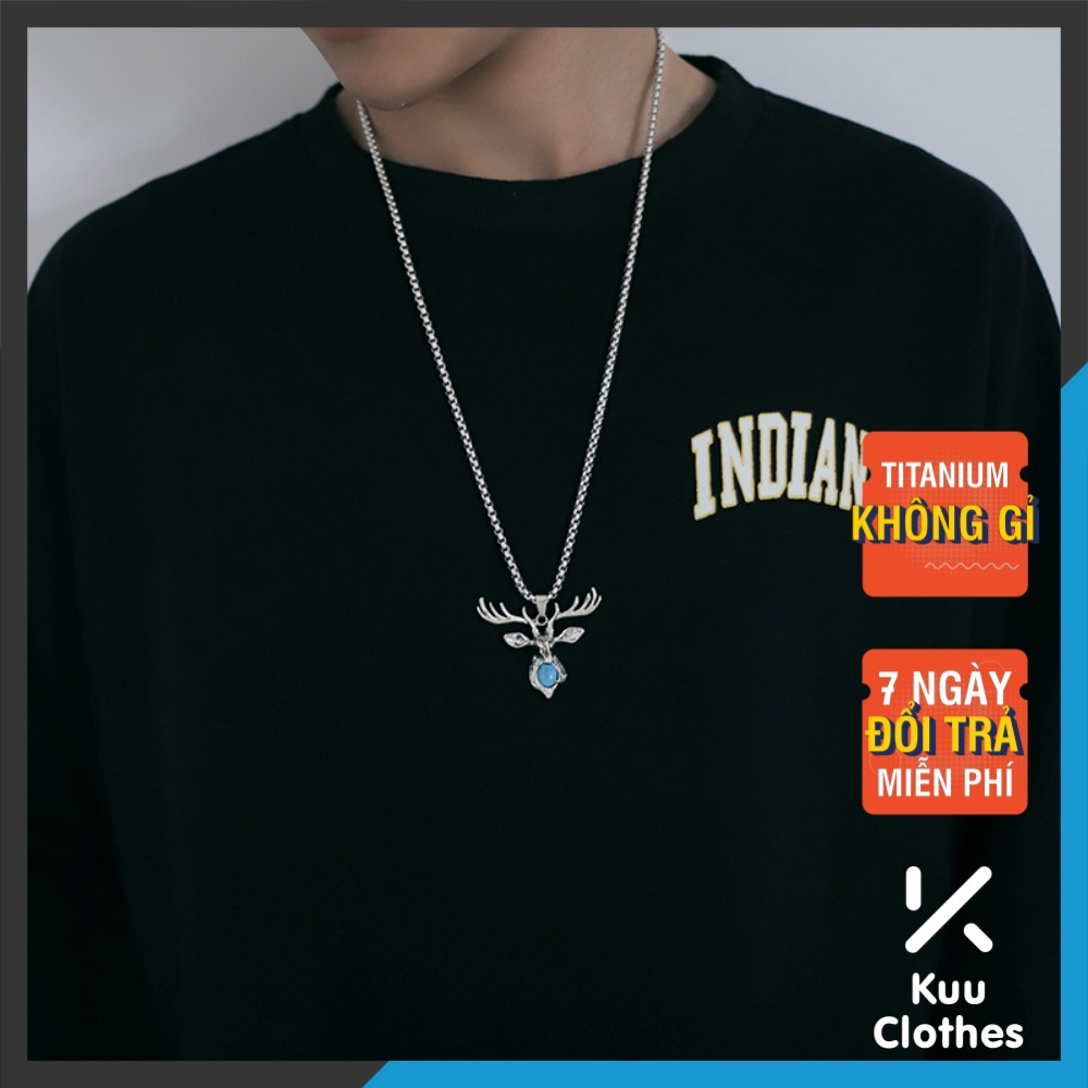 Dây Chuyền Nam Deer Chain Kuu Clothes - Mặt Vòng Cổ Hươu Nai Đính Ngọc Chất Liệu Thép Titan Không Rỉ Màu Xanh Bạc