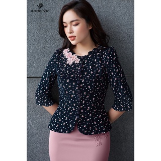 Áo nữ thiết kế Hongvic tím than hoa nhí cổ bèo SM303