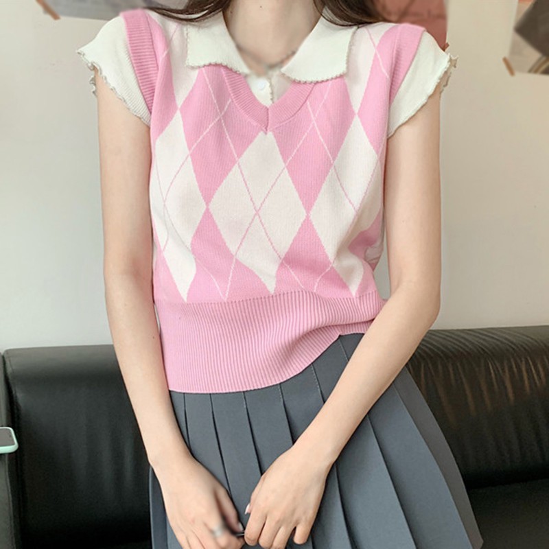 Áo Tank Top Dệt Kim Cổ Chữ V Màu Tương Phản Phong Cách Retro Cho Nữ