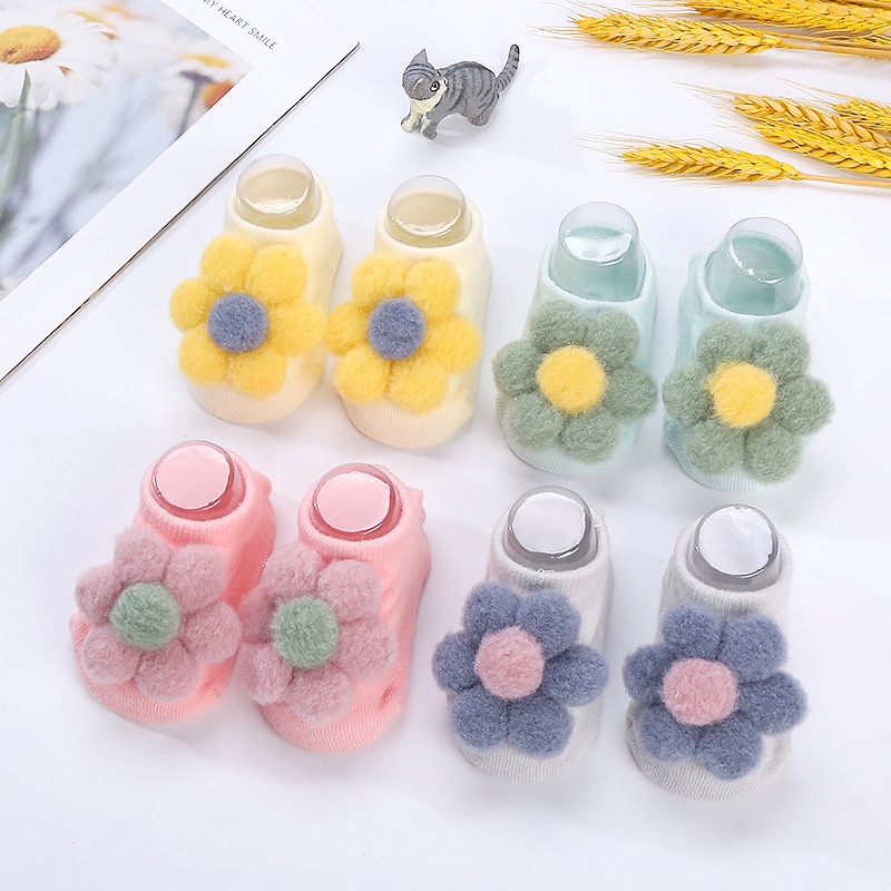 Vớ cotton cổ ngắn chống trượt đính hoa xinh xắn cho bé gái 1-3 tuổi