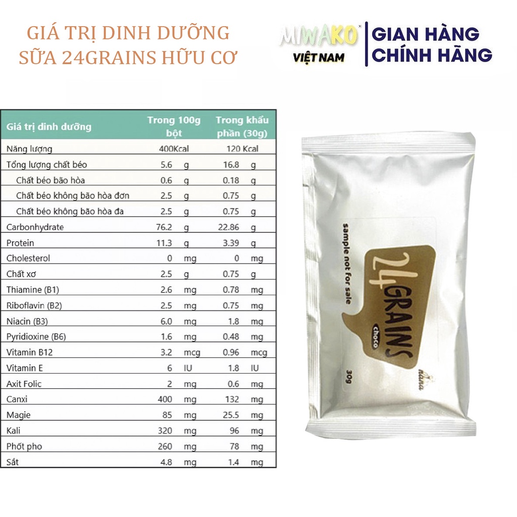 Sữa Hạt Thực Vật Hữu Cơ 24 Grains Gói 30g Vị Cacao - Miwako Official Store