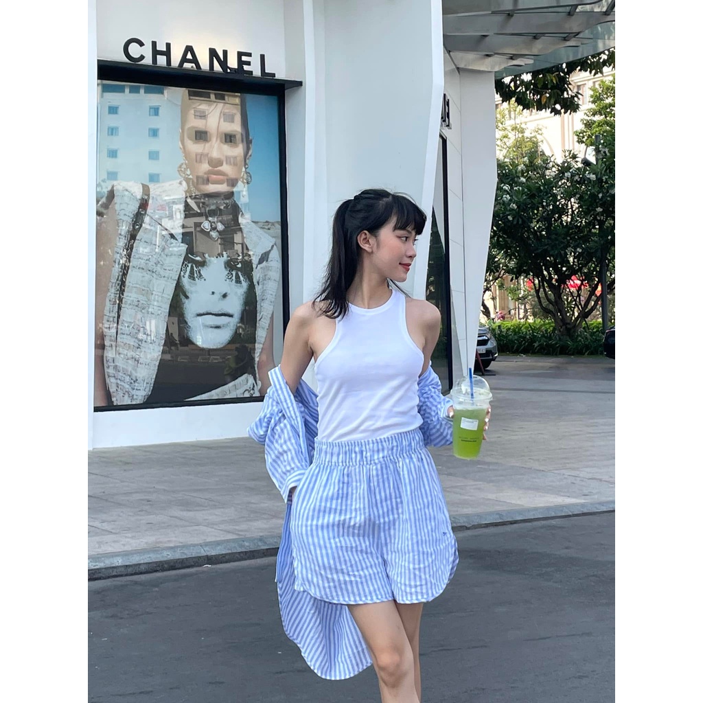 TheBlueTshirt - Áo Sơ Mi Phom Rộng Nữ Vải Lanh Xanh Dương Sọc Trắng - Oversized Pocket Linen Shirt - River Pinstripe