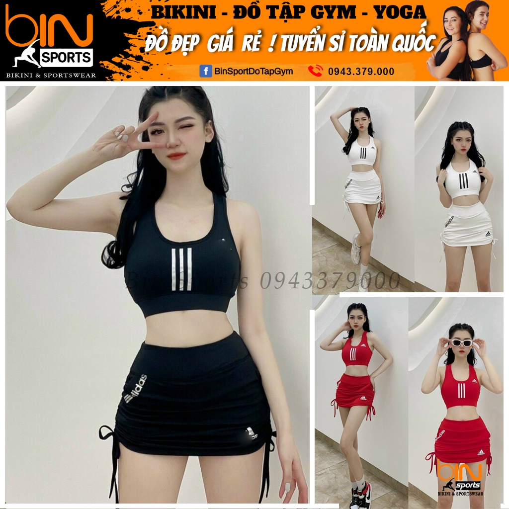 Đồ tập gym nữ, set bộ đùi thể thao áo bra kèm mút quần đùi váy dây rút Bin Sports BN041