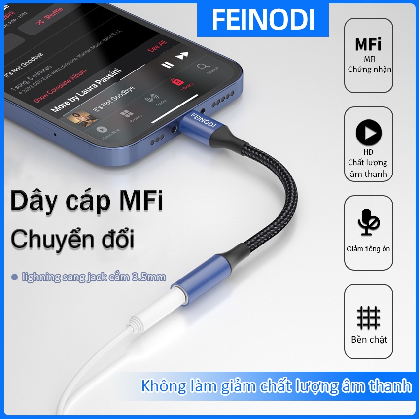 Feinodi Dây cáp MFi chuyển đổi sang jack cắm 3.5mm Đầu cắm cổng chuyển đổi tai nghe thích hợp