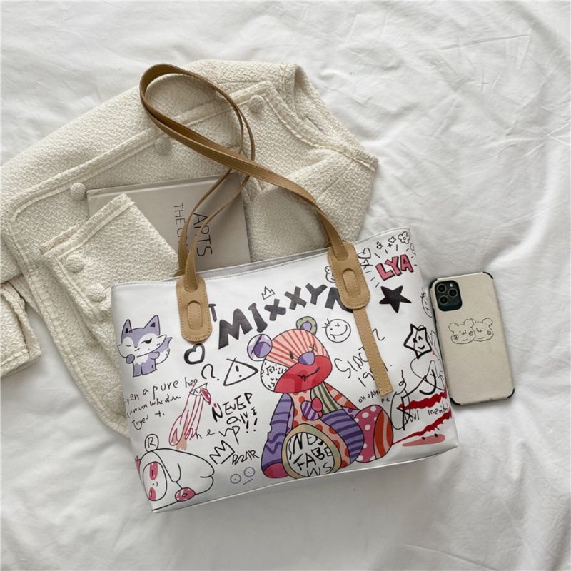 Túi công sở nữ tote da pu để vừa A4 kẹp nách đeo vai in hình gấu đi học đi chơi giá rẻ đẹp