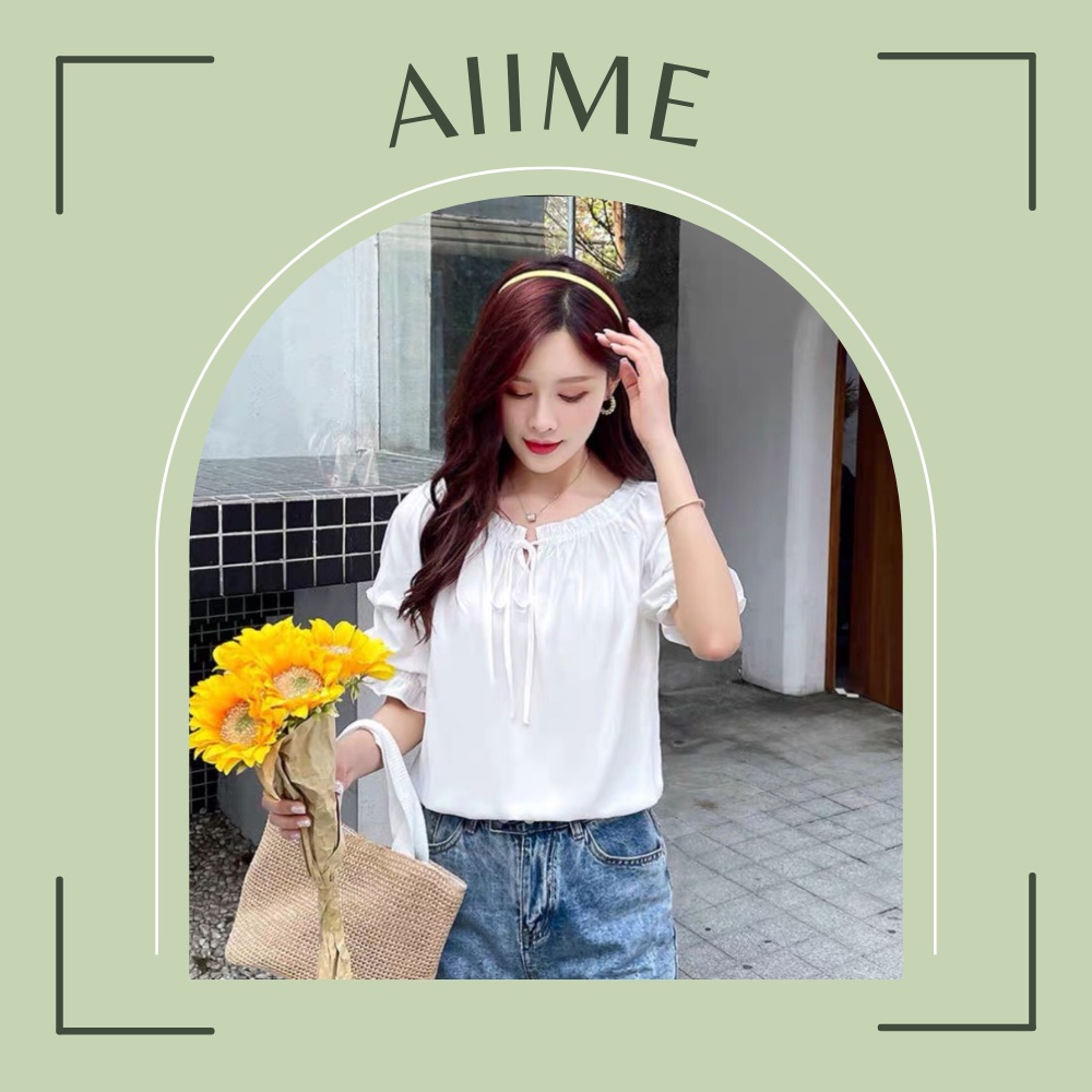 Áo sơ mi nữ cổ bèo thắt dây tay lửng chun viền nhẹ