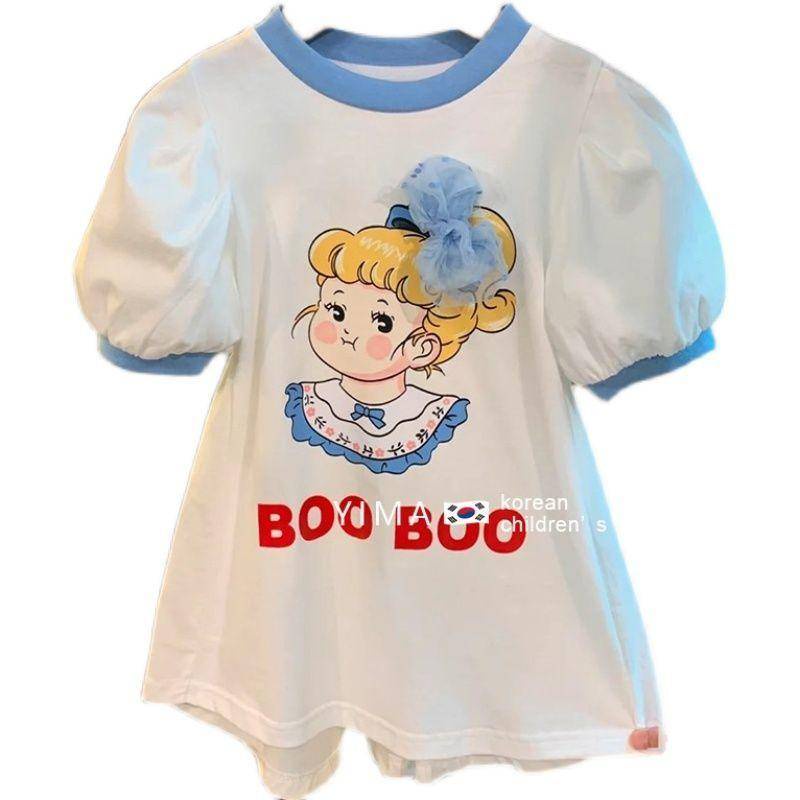 Đầm tay phồng viền ren in họa tiết hoạt hình phong cách Hàn Quốc phương Tây cho bé gái