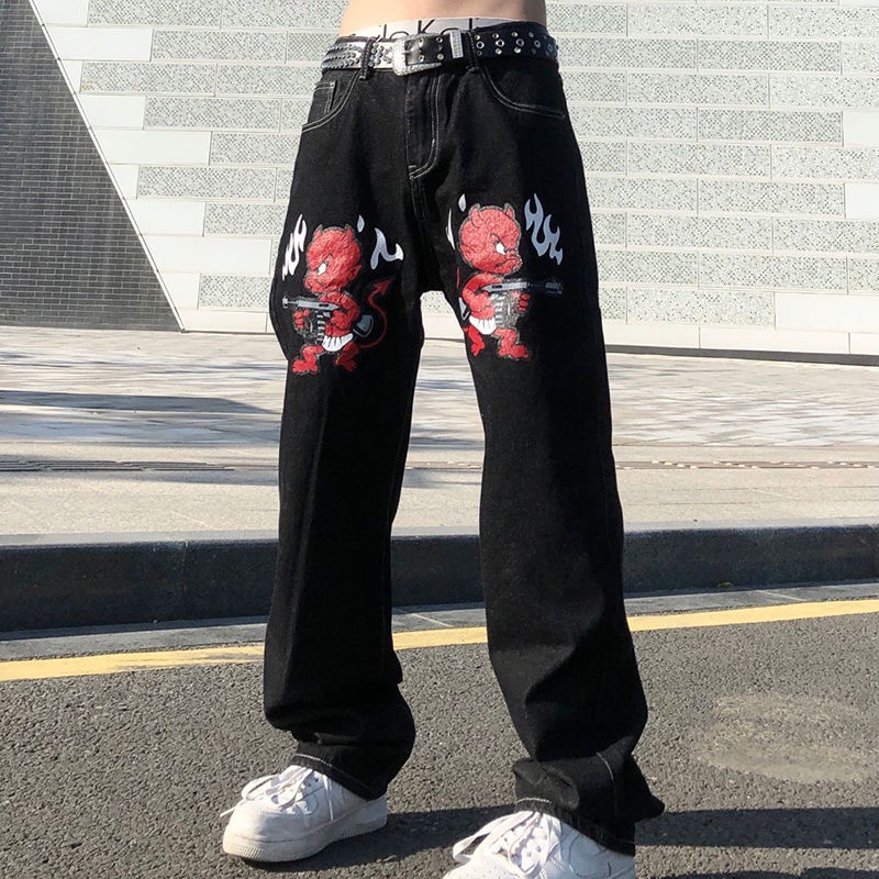 Quần Jogger Denim Cotton In Họa Tiết Evil Gun Phong Cách Harajuku 2023 Cho Nam