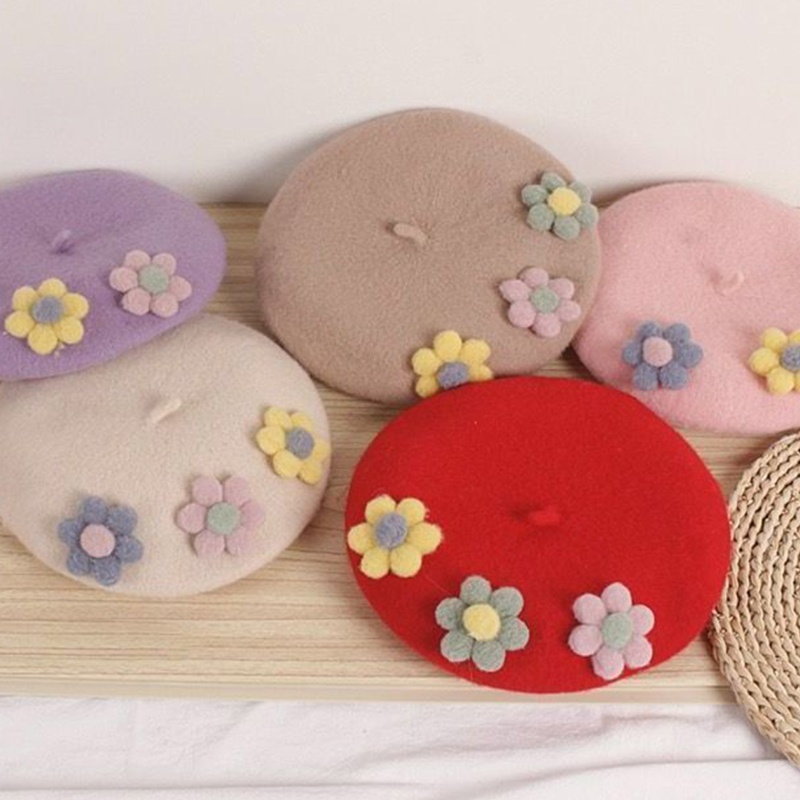 Mũ Beret 3 Hoa Thanh Lịch Cho Bé Gái Từ 2-7 Tuổi