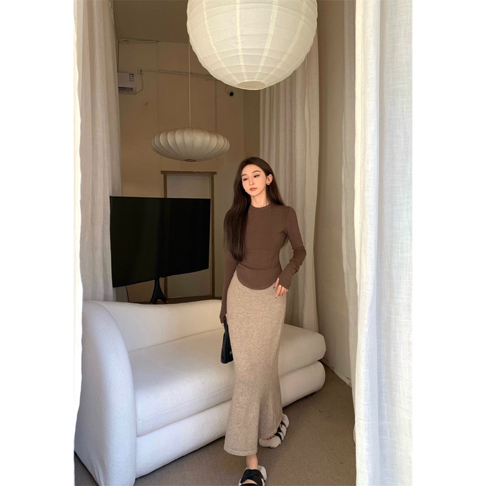 Bộ Áo Sơ Mi Màu Trơn Ôm Dáng + Chân Váy Dệt Kim Dài Thời Trang Retro Hàn Quốc