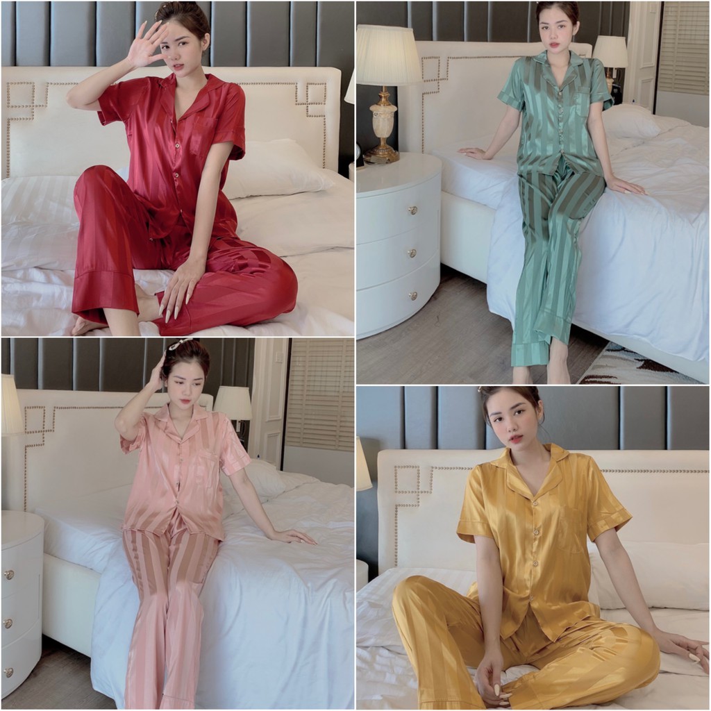 Bộ Đồ Ngủ, Đồ Bộ Pijama Lụa Gấm Tay Ngắn, Quần Dài Họa Tiết Đơn Giản, Chất Vải Cao Cấp - 𝑴𝑰𝑵𝑺𝑯𝑶𝑷 | BigBuy360 - bigbuy360.vn