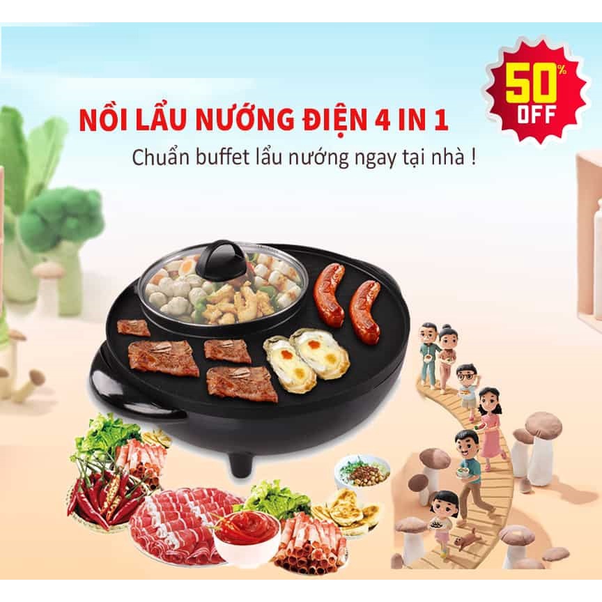 Nồi lẩu nướng tròn 2in1 cao cấp NL Shop, Lẩu nướng điện đa năng- KHOBUON11688