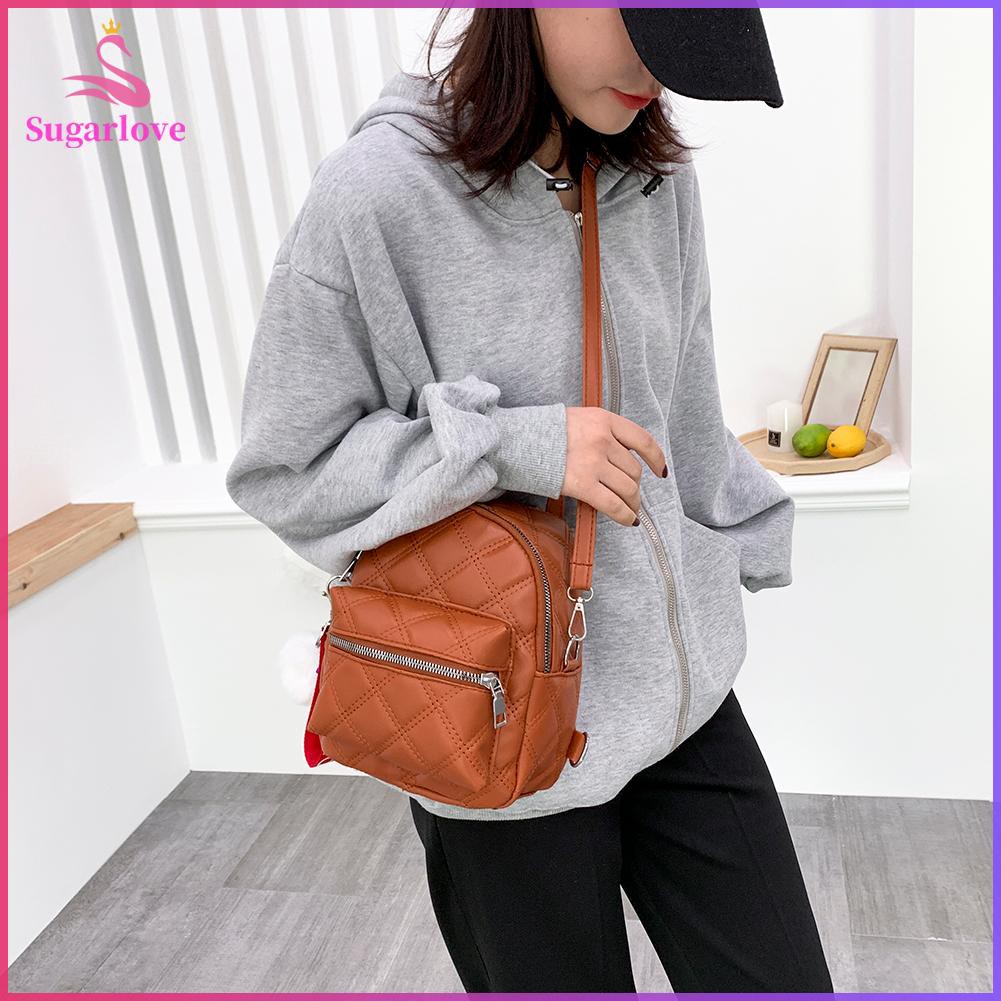 Beautiful※PU Leather School Backpack Lattice Pattern Women Pompom Shoulder Messneger Bags