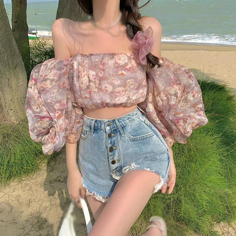 Áo Crop top chiffon Tay Ngắn Trễ Vai In Họa Tiết Hoa Thời Trang Hàn Quốc Dành Cho Nữ