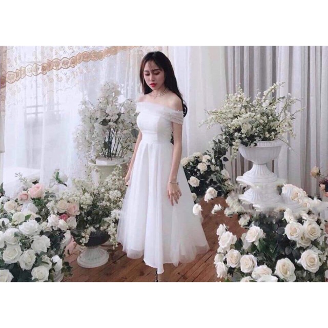 Đầm dự tiệc trễ vai xoè kim tuyến siêu xinh